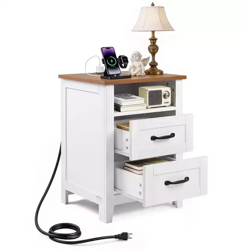 Farmhouse Nightstand, with Charging Station, End Table with 2 Drawers and Open Shelf, Bedside Storage Cabinet