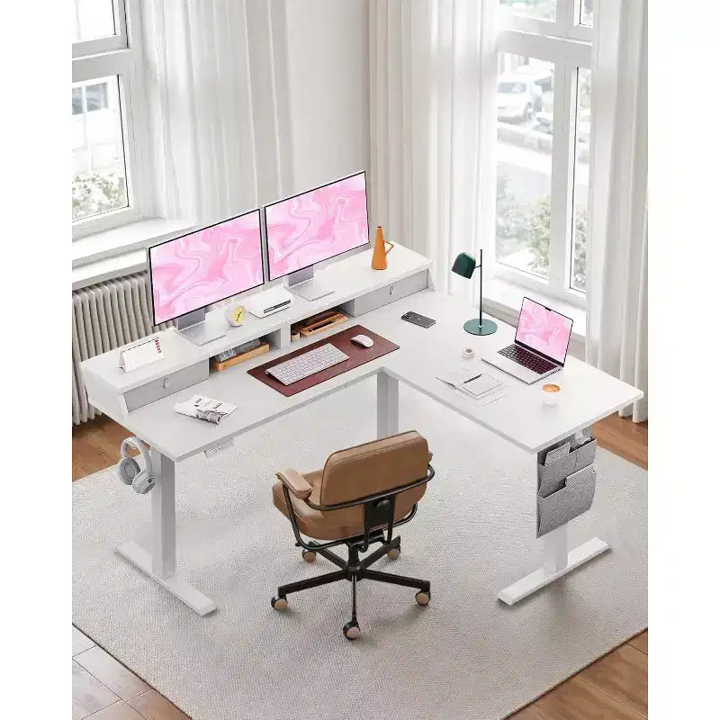 Bureau d'angle électrique assis-debout en forme de L, 63 pouces, ergonomique et réglable en hauteur avec tiroirs, table d'ordinateur assis-debout avec rangement pour le bureau et la maison