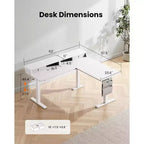 Bureau d'angle électrique assis-debout en forme de L, 63 pouces, ergonomique et réglable en hauteur avec tiroirs, table d'ordinateur assis-debout avec rangement pour le bureau et la maison