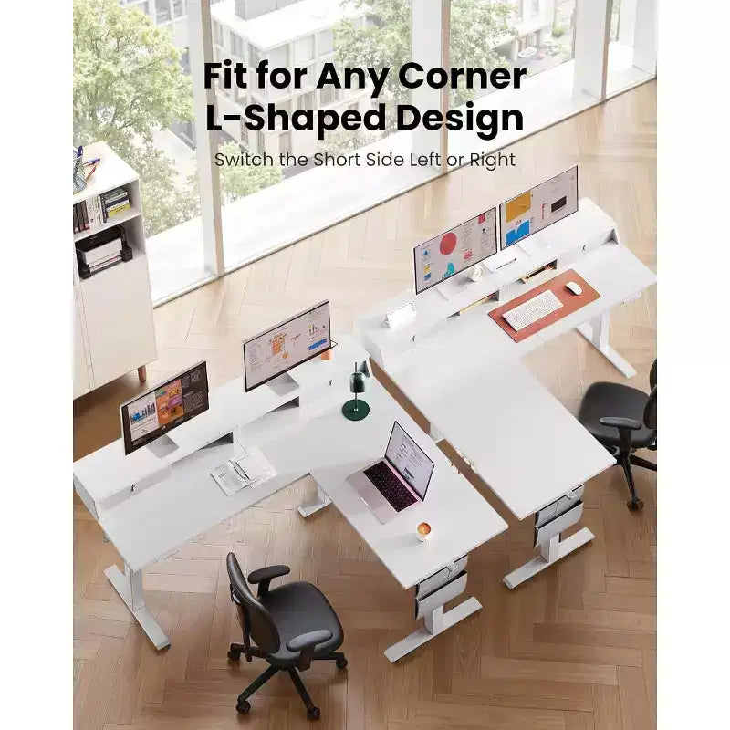 Bureau d'angle électrique assis-debout en forme de L, 63 pouces, ergonomique et réglable en hauteur avec tiroirs, table d'ordinateur assis-debout avec rangement pour le bureau et la maison