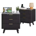 Set of 2 Nightstand, 24 Wide 3-Drawer Black Wave Pattern Night Stand with Charging Station, Modern Bedside Table for Bedroom/Living Room