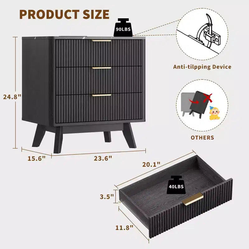 Lot de 2 tables de chevet, 61 cm de large, 3 tiroirs, motif vague noire, avec station de recharge, table de chevet moderne pour chambre/salon