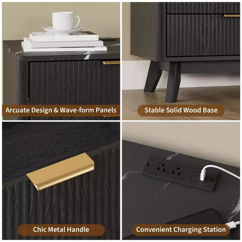 Lot de 2 tables de chevet, 61 cm de large, 3 tiroirs, motif vague noire, avec station de recharge, table de chevet moderne pour chambre/salon