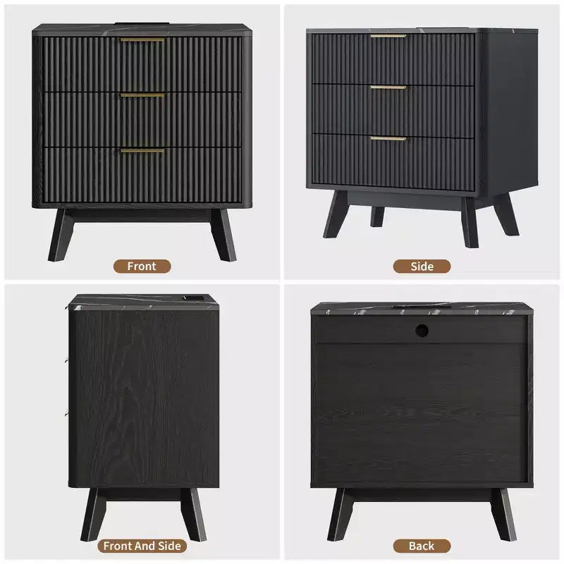 Lot de 2 tables de chevet, 61 cm de large, 3 tiroirs, motif vague noire, avec station de recharge, table de chevet moderne pour chambre/salon