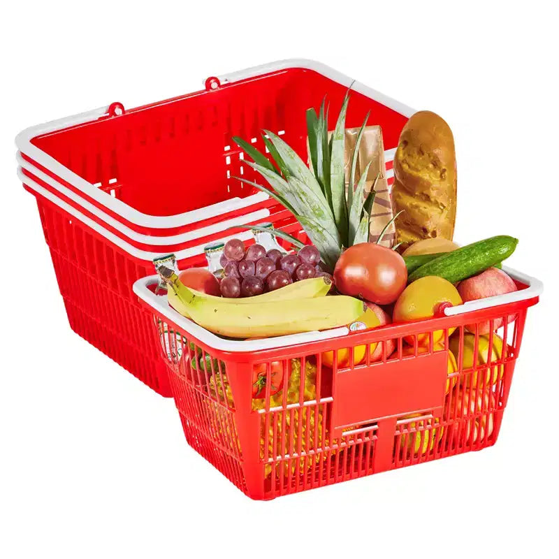 VEVOR Shopping Baskets, 4 PCS, 21L Stackable PE Plastic Grocery Baskets with Handles, Dense Mesh Structure, Holds up to 20 lbs, Red