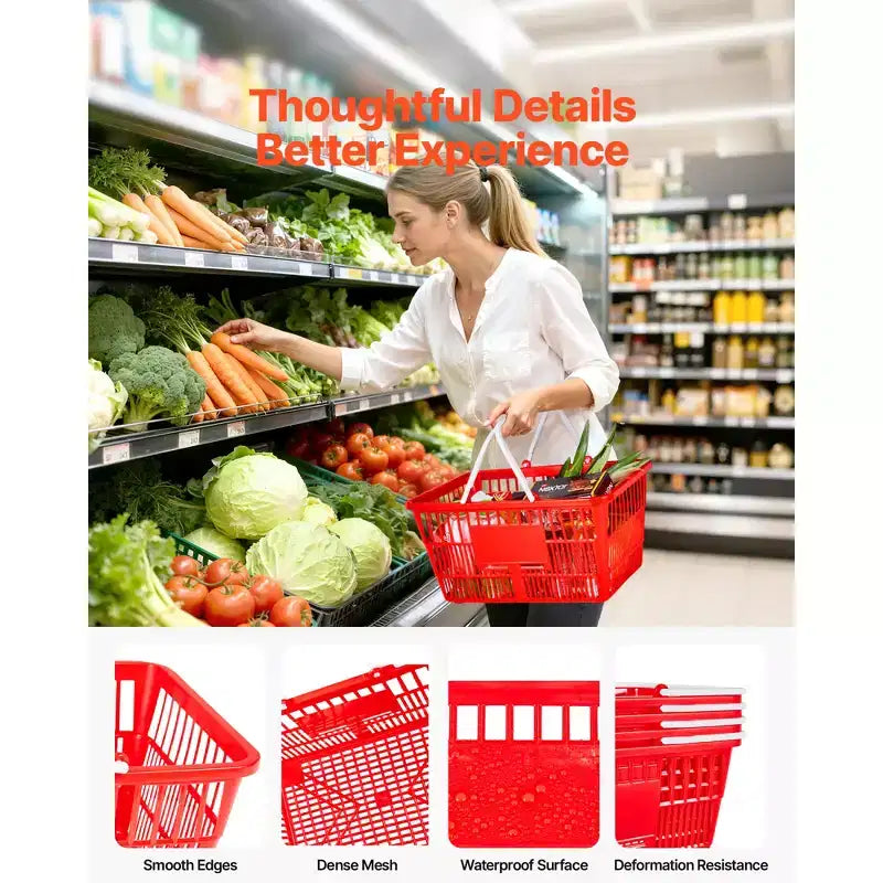 VEVOR Paniers de Courses, Lot de 4, 21L, Paniers d'Épicerie Empilables en Plastique PE avec Poignées, Structure en Maille Dense, Supporte jusqu'à 9 kg, Rouges
