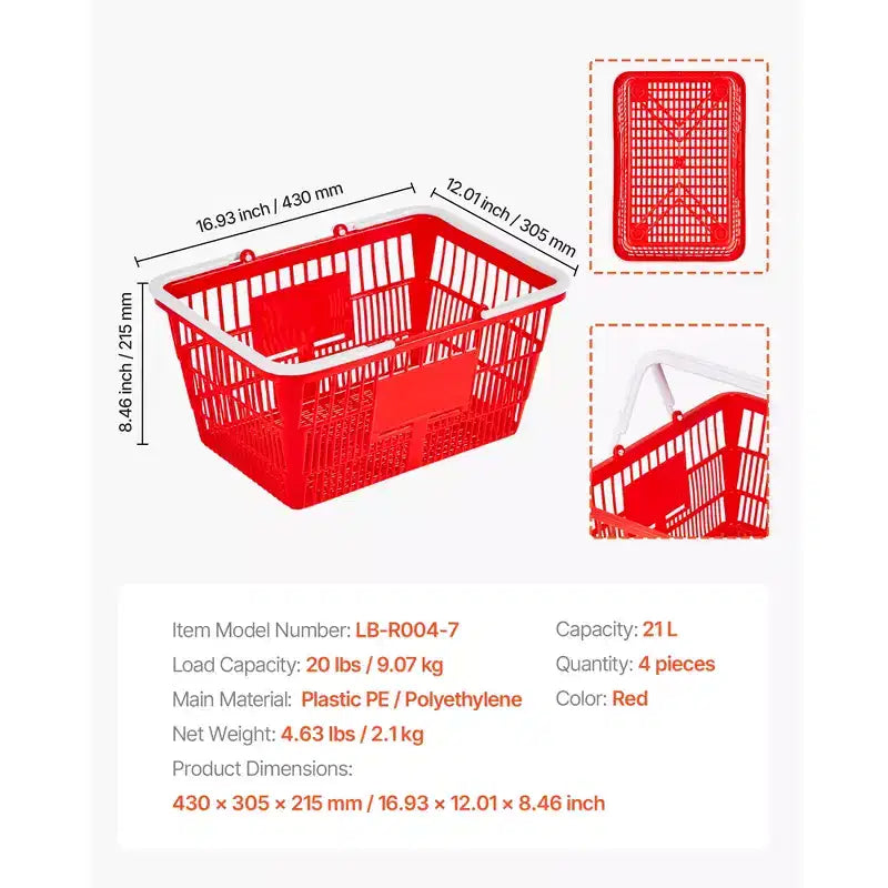 VEVOR Paniers de Courses, Lot de 4, 21L, Paniers d'Épicerie Empilables en Plastique PE avec Poignées, Structure en Maille Dense, Supporte jusqu'à 9 kg, Rouges
