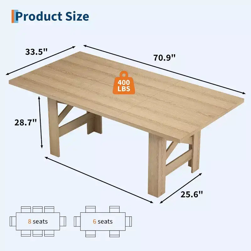 Table à manger de ferme de 180 cm pour 6 à 8 personnes, table de cuisine en bois avec plateau épais et pieds triangulaires, noir rustique pour salle à manger ou bureau