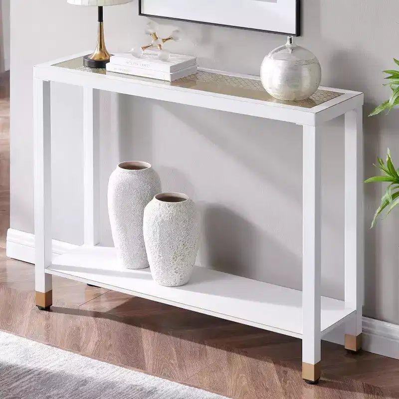 GDFStudio Nerita : Console moderne en verre à 2 plateaux avec structure métallique