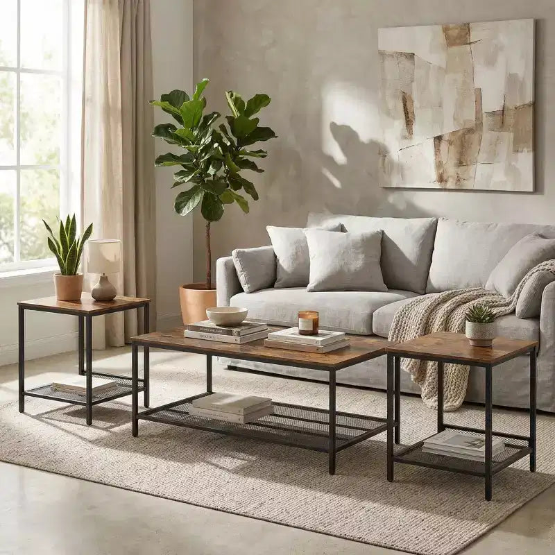 FurnitureR Ensemble de 3 Tables Basses Industrielles avec Étagère de Rangement, Ensemble de Tables Rustiques pour Salon, Comprend 1 Table Basse et 2 Tables d'Appoint pour Côté Canapé