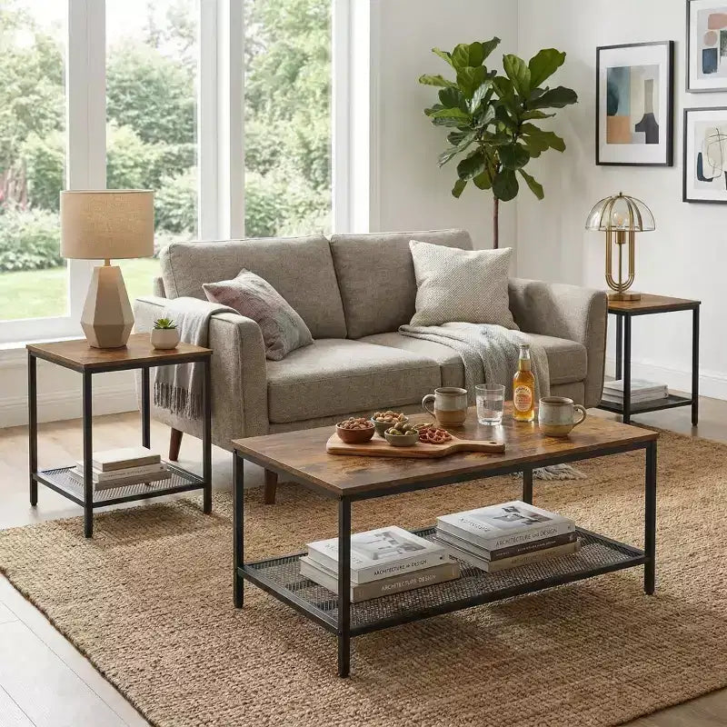 FurnitureR Ensemble de 3 Tables Basses Industrielles avec Étagère de Rangement, Ensemble de Tables Rustiques pour Salon, Comprend 1 Table Basse et 2 Tables d'Appoint pour Côté Canapé