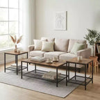 FurnitureR Ensemble de 3 Tables Basses Industrielles avec Étagère de Rangement, Ensemble de Tables Rustiques pour Salon, Comprend 1 Table Basse et 2 Tables d'Appoint pour Côté Canapé