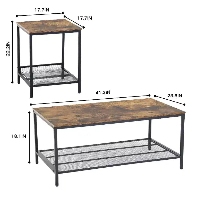 FurnitureR Ensemble de 3 Tables Basses Industrielles avec Étagère de Rangement, Ensemble de Tables Rustiques pour Salon, Comprend 1 Table Basse et 2 Tables d'Appoint pour Côté Canapé