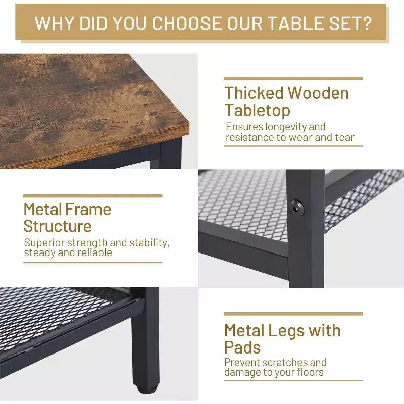FurnitureR Ensemble de 3 Tables Basses Industrielles avec Étagère de Rangement, Ensemble de Tables Rustiques pour Salon, Comprend 1 Table Basse et 2 Tables d'Appoint pour Côté Canapé