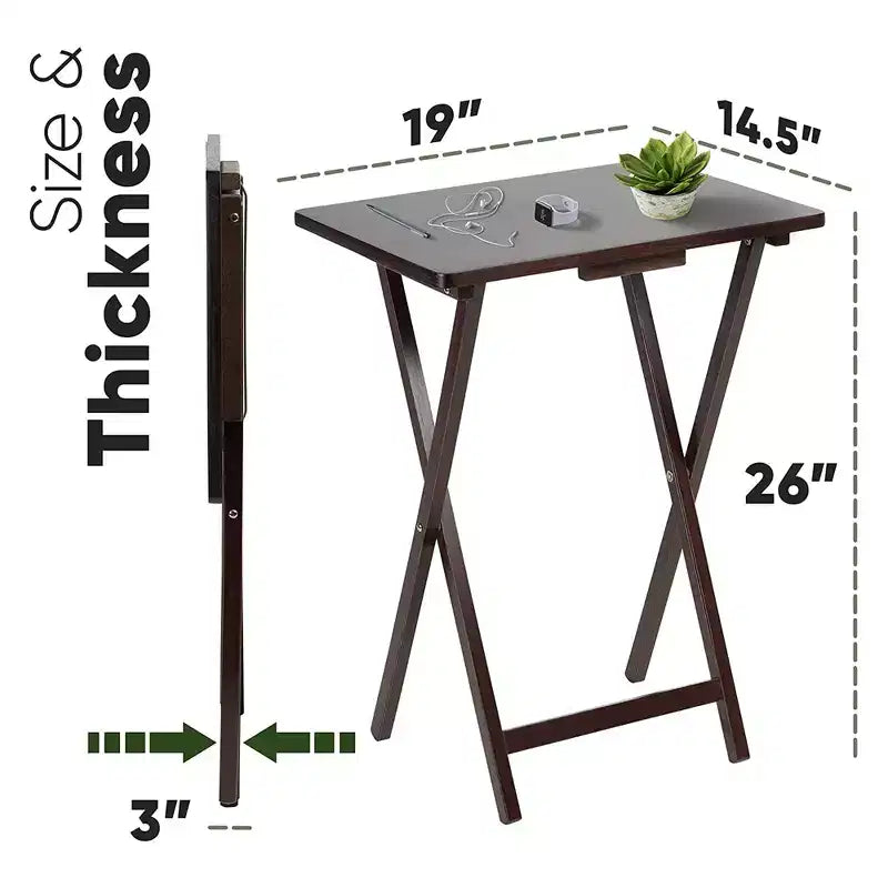 PJ Wood Tables pliantes rectangulaires légères en bois massif pour intérieur, plateau de télévision, lot de 5 avec support de rangement compact, finition expresso