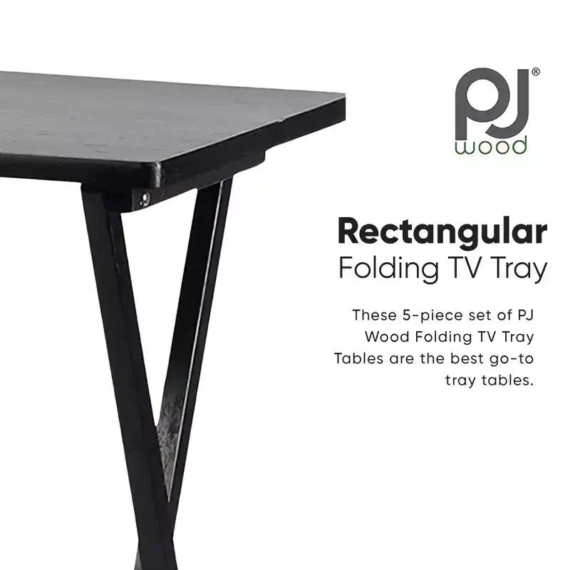 PJ Wood Tables pliantes rectangulaires légères en bois massif pour intérieur, plateau de télévision, lot de 5 avec support de rangement compact, finition expresso