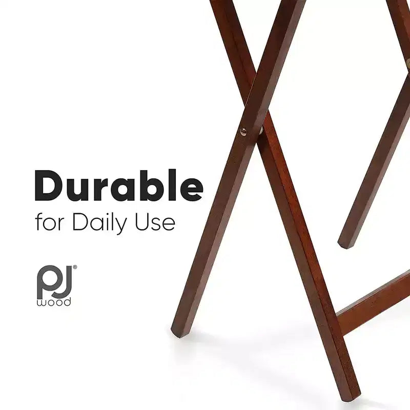 PJ Wood Tables pliantes rectangulaires légères en bois massif pour intérieur, plateau de télévision, lot de 5 avec support de rangement compact, finition expresso