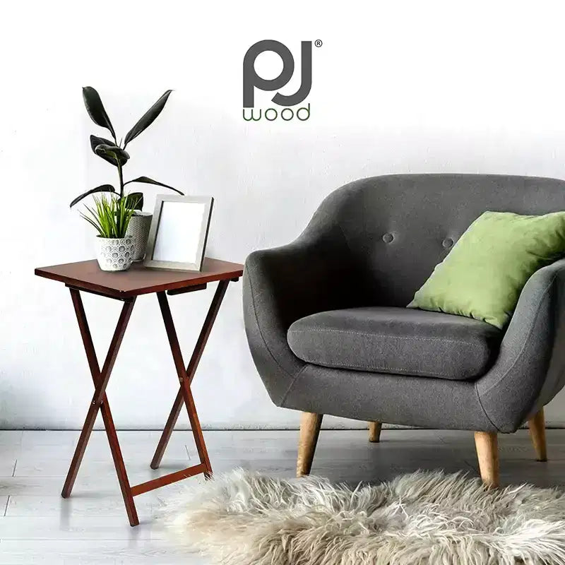 PJ Wood Tables pliantes rectangulaires légères en bois massif pour intérieur, plateau de télévision, lot de 5 avec support de rangement compact, finition expresso