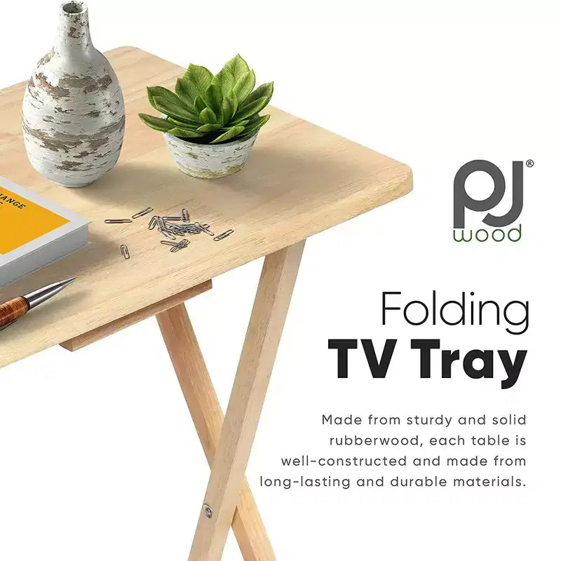 PJ Wood Tables pliantes rectangulaires légères en bois massif pour intérieur, plateau de télévision, lot de 5 avec support de rangement compact, finition expresso
