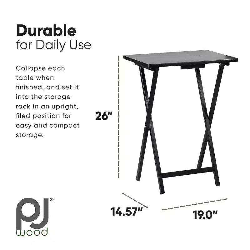 PJ Wood Tables pliantes rectangulaires légères en bois massif pour intérieur, plateau de télévision, lot de 5 avec support de rangement compact, finition expresso