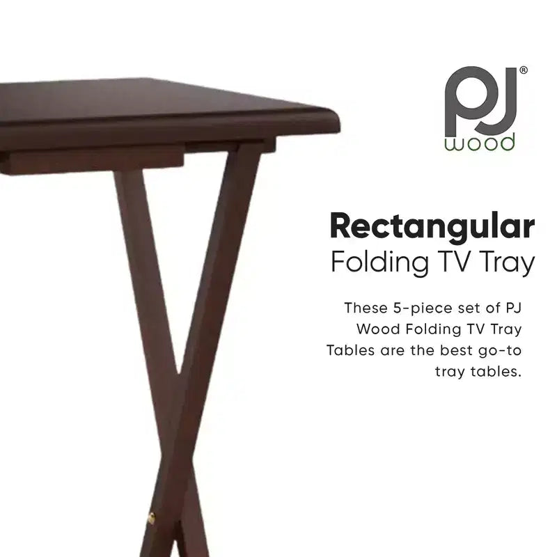 PJ Wood Tables pliantes rectangulaires légères en bois massif pour intérieur, plateau de télévision, lot de 5 avec support de rangement compact, finition expresso