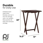 PJ Wood Tables pliantes rectangulaires légères en bois massif pour intérieur, plateau de télévision, lot de 5 avec support de rangement compact, finition expresso