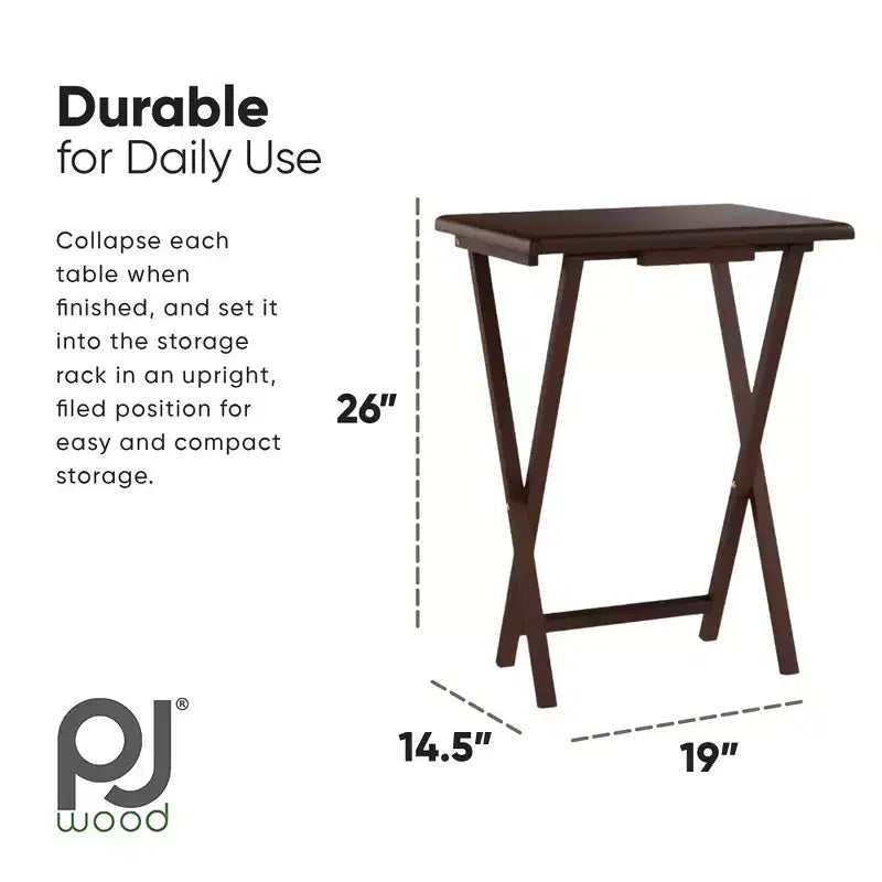 PJ Wood Tables pliantes rectangulaires légères en bois massif pour intérieur, plateau de télévision, lot de 5 avec support de rangement compact, finition expresso