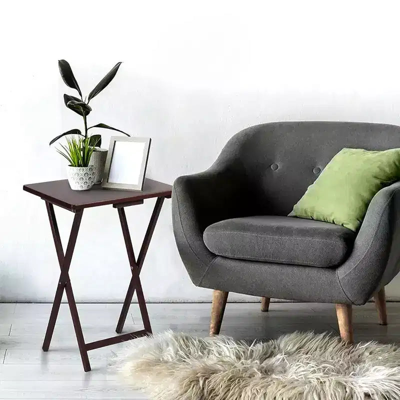 PJ Wood Tables pliantes rectangulaires légères en bois massif pour intérieur, plateau de télévision, lot de 5 avec support de rangement compact, finition expresso