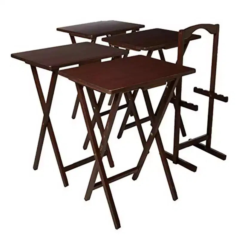 PJ Wood Tables pliantes rectangulaires légères en bois massif pour intérieur, plateau de télévision, lot de 5 avec support de rangement compact, finition expresso