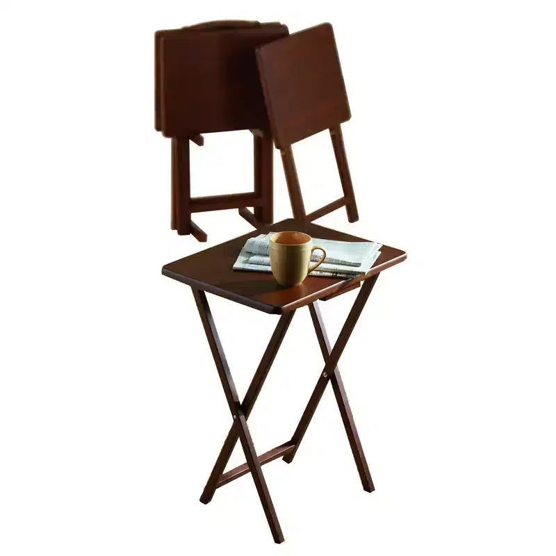 PJ Wood Tables pliantes rectangulaires légères en bois massif pour intérieur, plateau de télévision, lot de 5 avec support de rangement compact, finition expresso