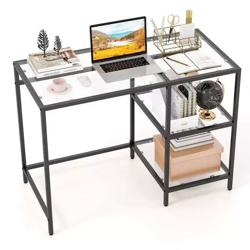 Bureau d'ordinateur Costway avec étagères, bureau de 42 pouces avec cadre en métal pour salon Noir/Or