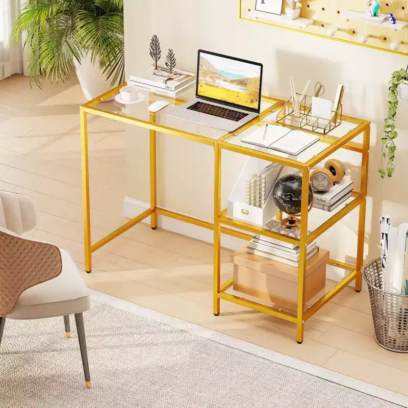 Bureau d'ordinateur Costway avec étagères, bureau de 42 pouces avec cadre en métal pour salon Noir/Or