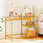 Bureau d'ordinateur Costway avec étagères, bureau de 42 pouces avec cadre en métal pour salon Noir/Or