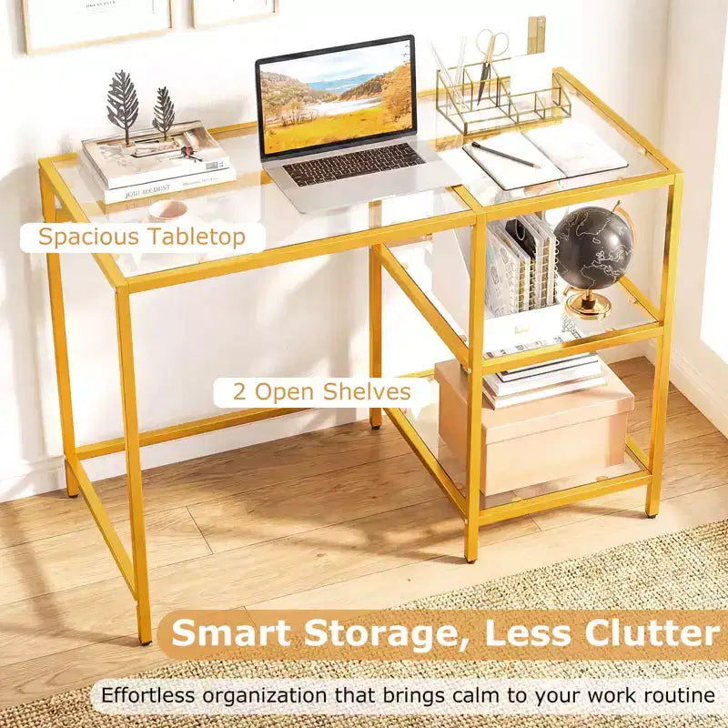 Bureau d'ordinateur Costway avec étagères, bureau de 42 pouces avec cadre en métal pour salon Noir/Or