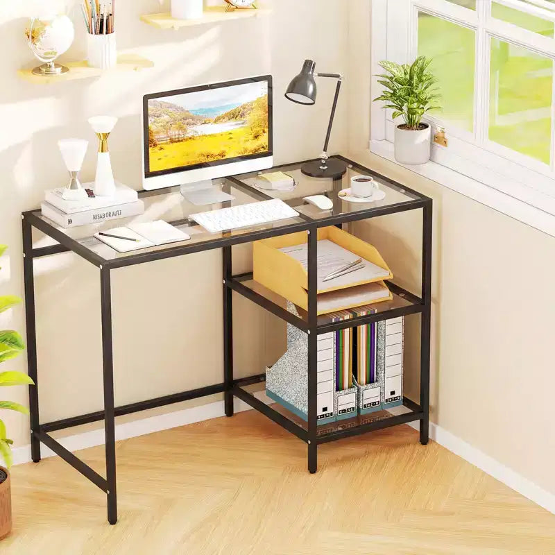 Bureau d'ordinateur Costway avec étagères, bureau de 42 pouces avec cadre en métal pour salon Noir/Or