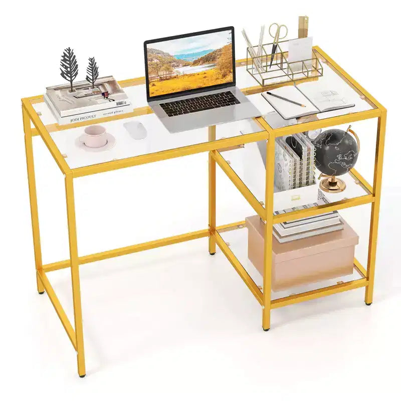 Bureau d'ordinateur Costway avec étagères, bureau de 42 pouces avec cadre en métal pour salon Noir/Or