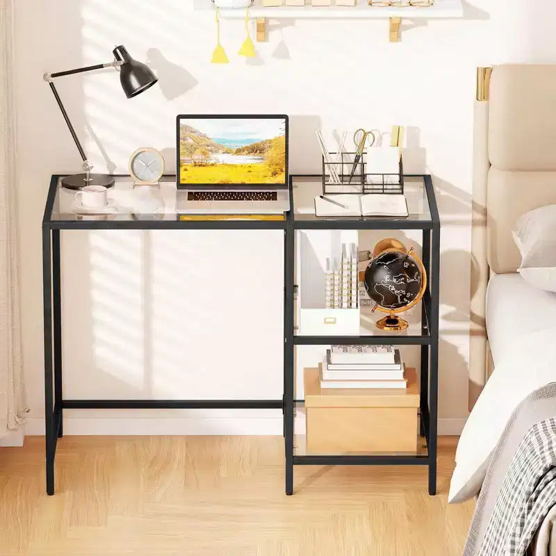 Bureau d'ordinateur Costway avec étagères, bureau de 42 pouces avec cadre en métal pour salon Noir/Or