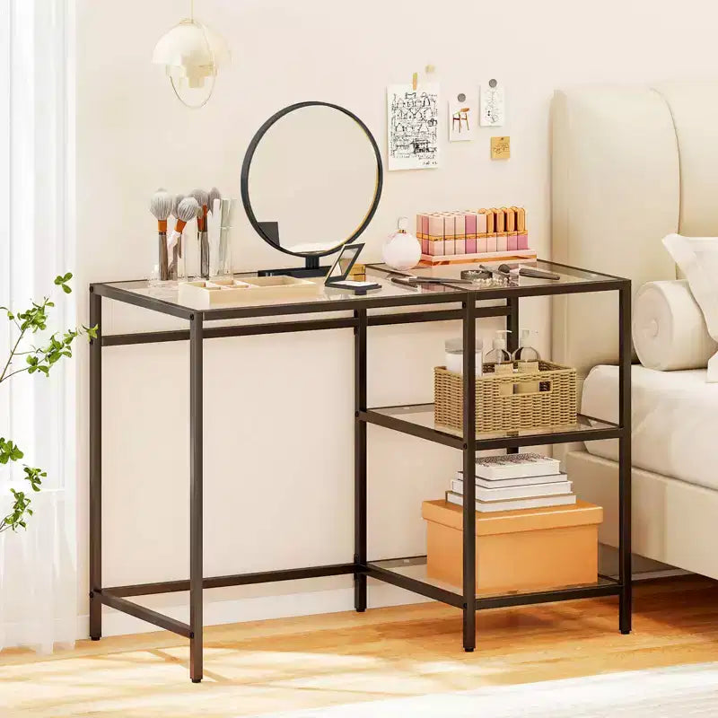 Bureau d'ordinateur Costway avec étagères, bureau de 42 pouces avec cadre en métal pour salon Noir/Or