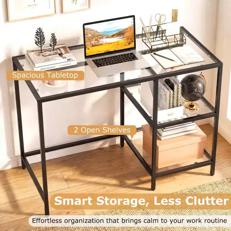 Bureau d'ordinateur Costway avec étagères, bureau de 42 pouces avec cadre en métal pour salon Noir/Or