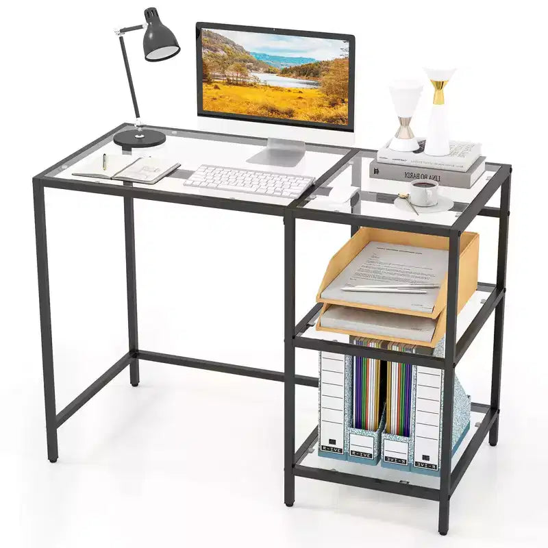 Costway Computer Desk with Shelves, 42 Home Office Desk with Metal Frame for Living Room Black/Gold