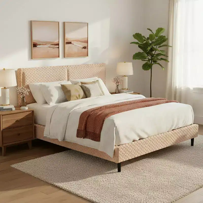 Camel Plush Upholstered Bed Frame with Soft Dual-Zone Backrest, Rounded Edges and Quiet Stable Support for Cozy Bedrooms, Queen