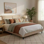 Lit capitonné en peluche couleur camel avec dossier doux à double zone, bords arrondis et support stable et silencieux pour chambres douillettes, Queen Size