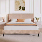 Lit capitonné en peluche couleur camel avec dossier doux à double zone, bords arrondis et support stable et silencieux pour chambres douillettes, Queen Size