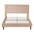Lit capitonné en peluche couleur camel avec dossier doux à double zone, bords arrondis et support stable et silencieux pour chambres douillettes, Queen Size
