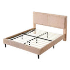 Lit capitonné en peluche couleur camel avec dossier doux à double zone, bords arrondis et support stable et silencieux pour chambres douillettes, Queen Size