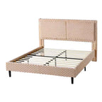 Lit capitonné en peluche couleur camel avec dossier doux à double zone, bords arrondis et support stable et silencieux pour chambres douillettes, Queen Size