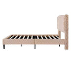Lit capitonné en peluche couleur camel avec dossier doux à double zone, bords arrondis et support stable et silencieux pour chambres douillettes, Queen Size