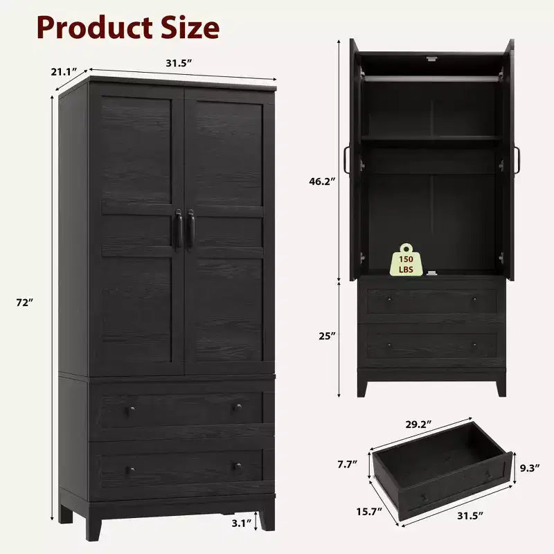 Armoire en bois avec portes, étagères réglables et tringle, grande penderie de rangement pour chambre à coucher et essentiels