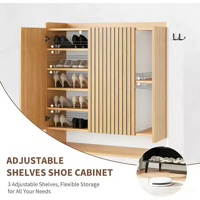 Grand meuble à chaussures avec portes, meuble de rangement à chaussures à 6 niveaux avec étagères réglables et crochets, organisateur de chaussures en bois, peut contenir plus de 30 paires, blanc