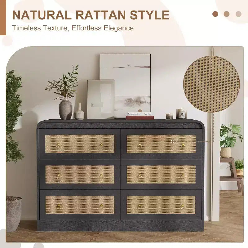 Commode en rotin de 117 cm de large, commode à 6 tiroirs, commode moderne, pour chambre à coucher, salon
